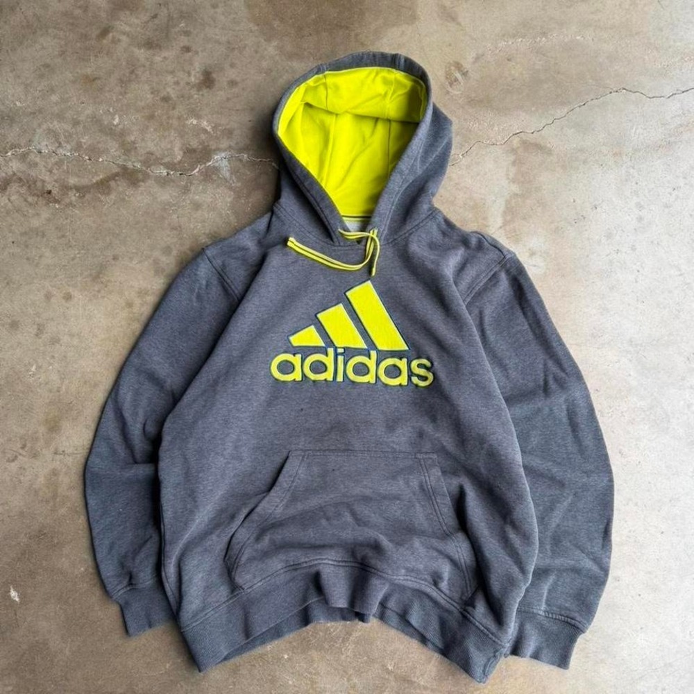 Vintage y2k grey and neon yellow adidas big logo hoodie essential
